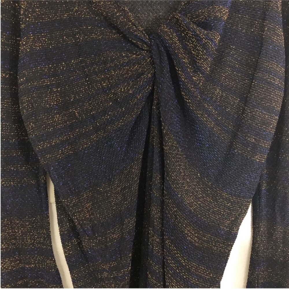 Zara Women Metallic Thread Knit Midi Dress S Black Blue Front Knots Bell sleeve - Picture 3 of 13